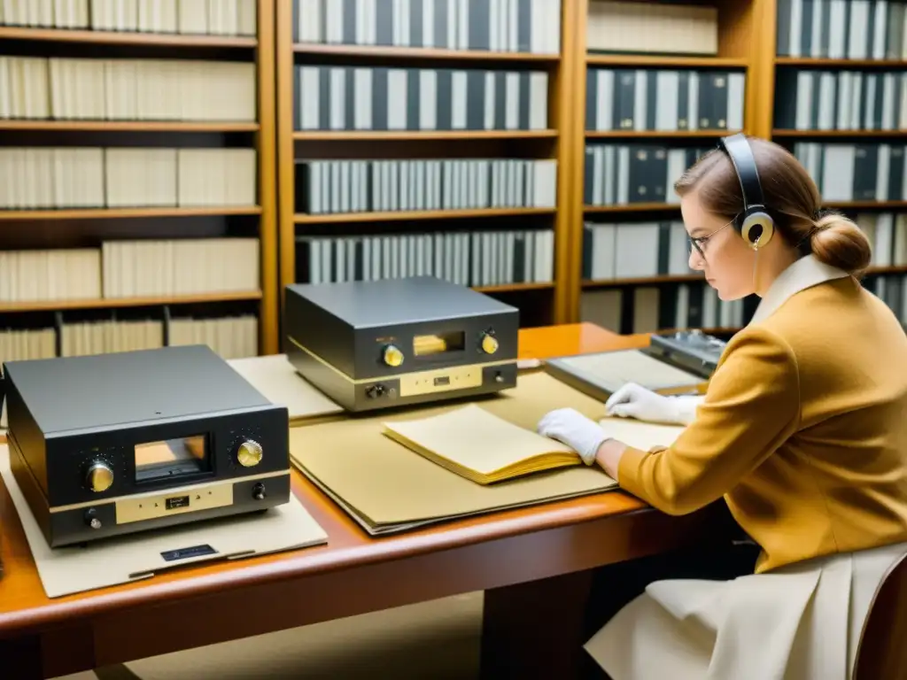 Equipo de archivistas restaurando con cuidado grabaciones históricas en un estudio profesional, con equipo vintage y documentos delicados