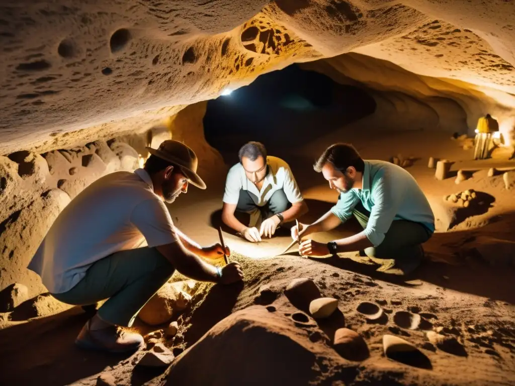 Excavación de instrumento musical prehistórico por arqueólogos en cueva Equipo de arqueólogos excava con cuidado un instrumento musical prehistórico en una cueva, revelando símbolos y arte rupestre