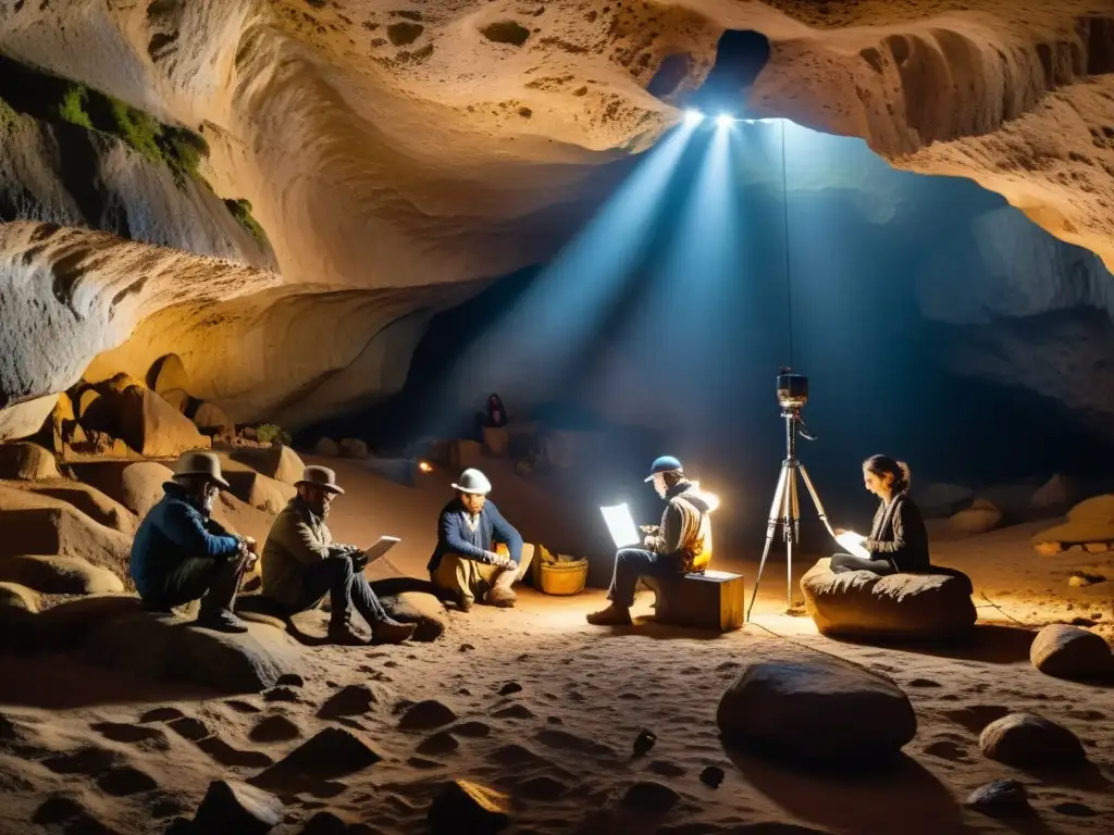 Equipo de arqueólogos y expertos en acústica explorando cuevas prehistóricas con instrumentos especializados, en una escena iluminada dramáticamente