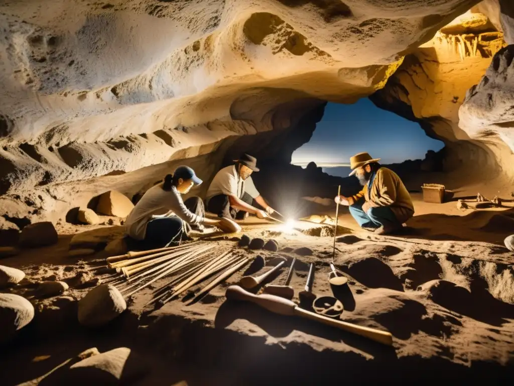 Equipo de arqueólogos excavando instrumentos de cuerda prehistóricos en una cueva con pinturas rupestres de músicos