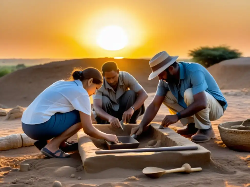 Equipo de arqueólogos excavando instrumentos musicales antiguos al atardecer, descifrando la música de civilizaciones antiguas