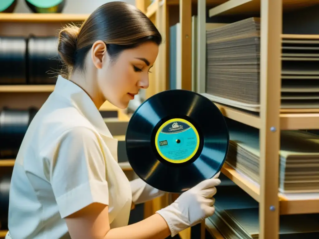 Equipo de conservadores restaurando con dedicación un vinilo vintage, rodeados de material histórico y musical