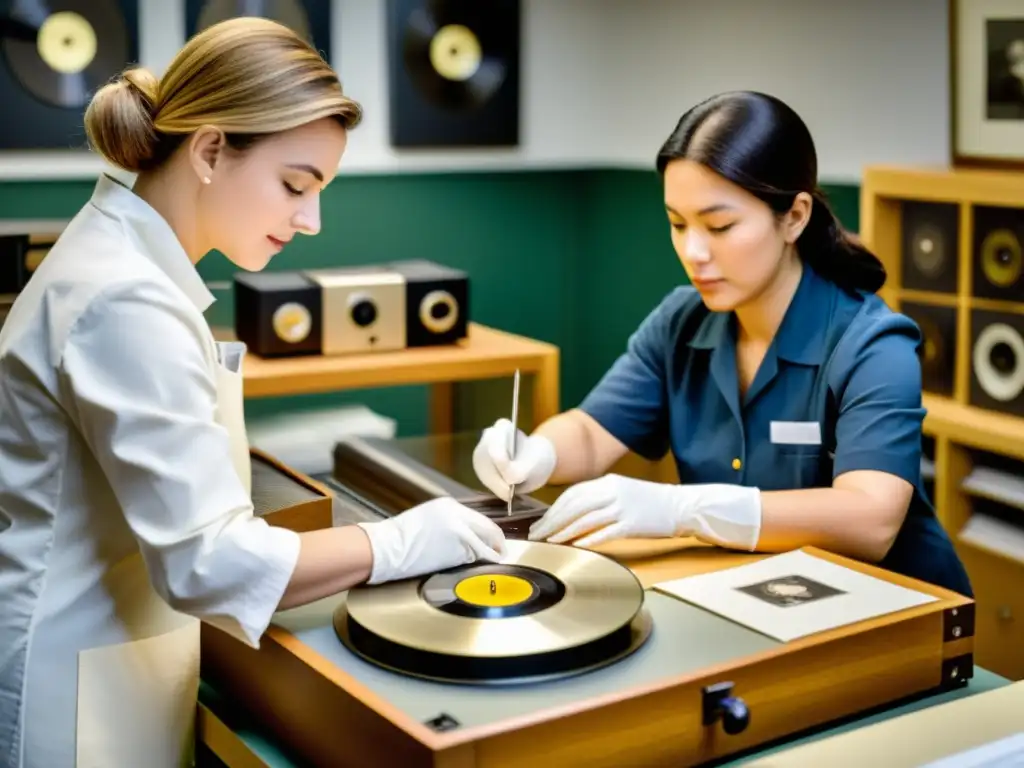 Equipo de conservadores restaurando y digitalizando grabaciones musicales vintage en un laboratorio de conservación del museo