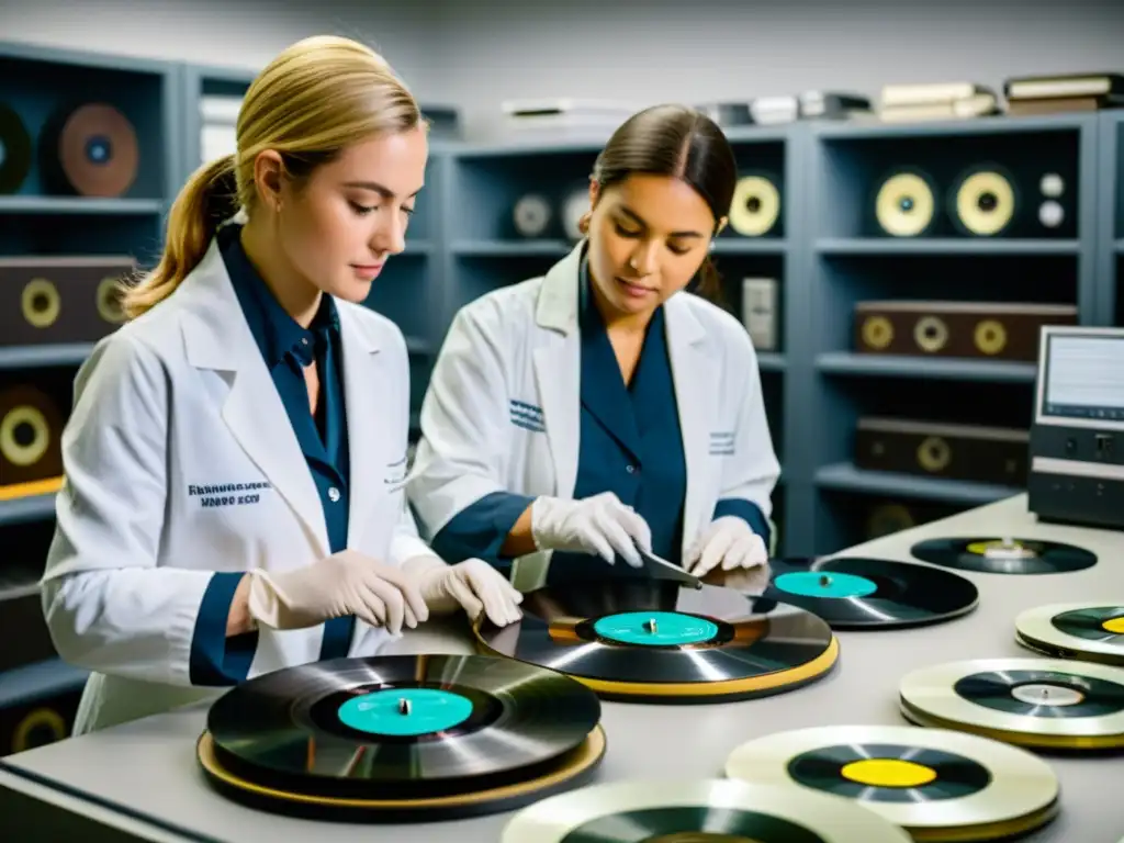 Un equipo de conservadores cuidadosamente preservando grabaciones musicales en un laboratorio de museo de vanguardia