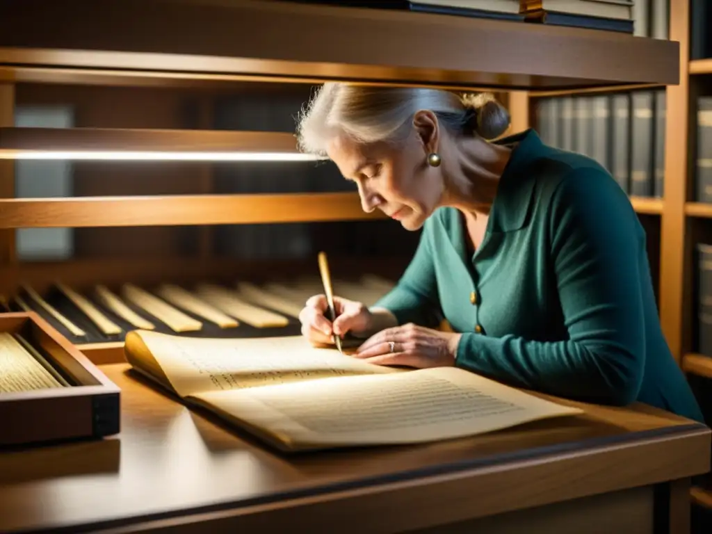 Un equipo de preservacionistas dedicados restaura manuscritos musicales en un archivo atmosférico y tenue