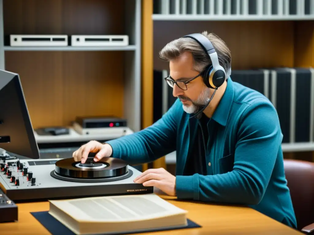 Un equipo de expertos en preservación de grabaciones musicales históricas inspecciona y digitaliza con cuidado una colección de grabaciones