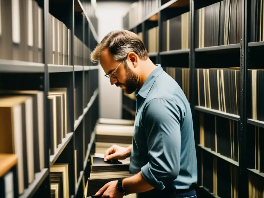 Un equipo de expertos en restauración de grabaciones para preservación cultural examina y limpia vinilos antiguos en una sala de archivos