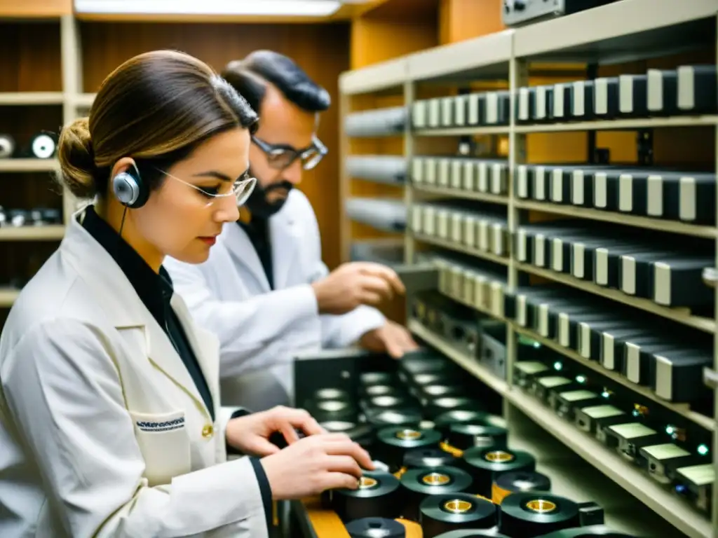 Un equipo de expertos en restauración de grabaciones históricas trabaja meticulosamente en máquinas de cinta vintage, mostrando dedicación y expertise