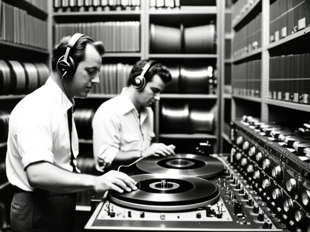 Equipo de ingenieros de audio restaurando con cuidado una cinta vintage reel-to-reel, salvando grabaciones históricas música con delicadeza y dedicación