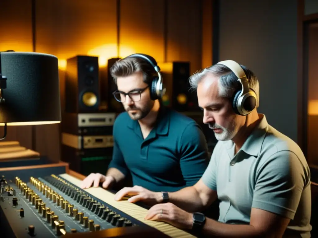 Equipo de ingenieros de audio restaurando grabaciones época oro en estudio atmosférico y vintage, mostrando su dedicación y expertise