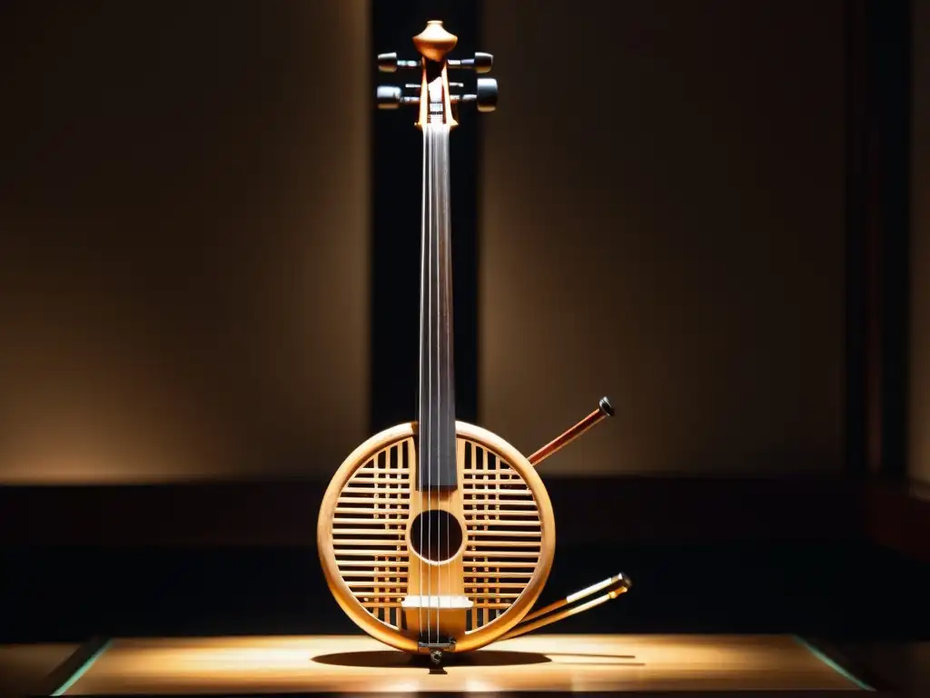 Un erhu antiguo en exhibición, iluminado suavemente en un museo, destaca la historia y construcción del erhu