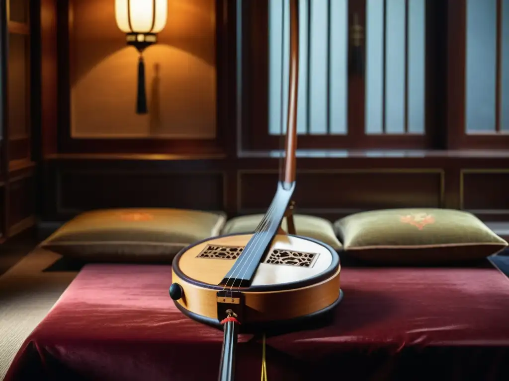 Un erhu chino tallado con motivos tradicionales reposa en una habitación atmosférica, destacando la historia y sonido del erhu chino