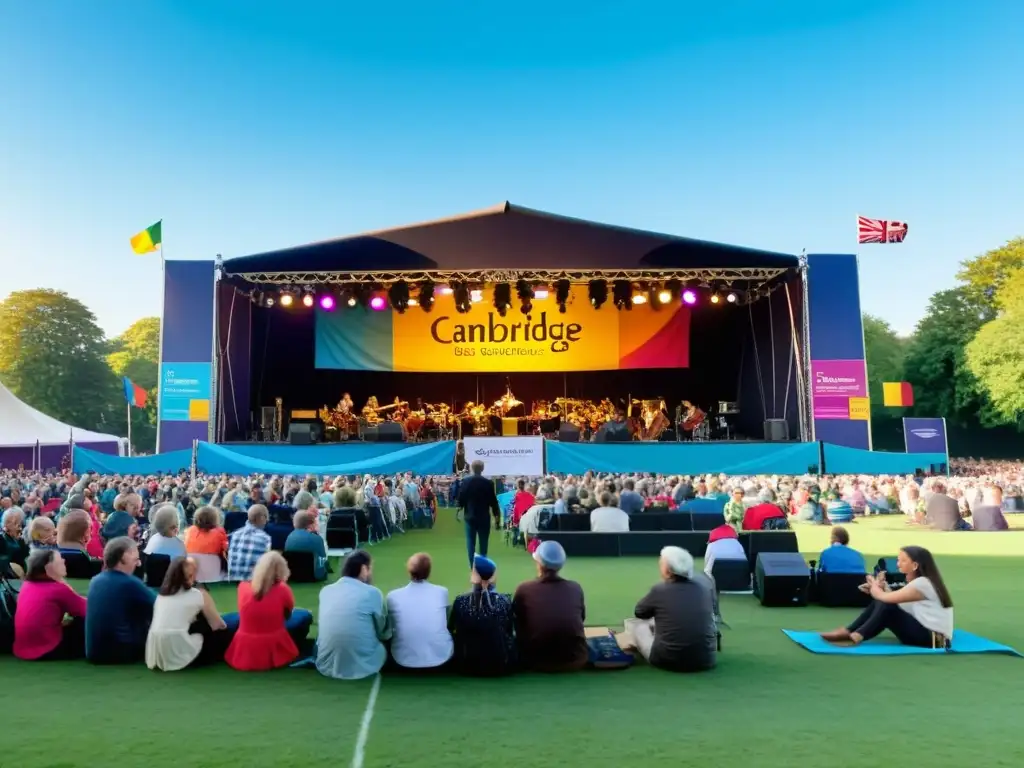 Escena animada en el Festival de Cambridge música tradicional, con músicos en el escenario y público disfrutando la música folclórica