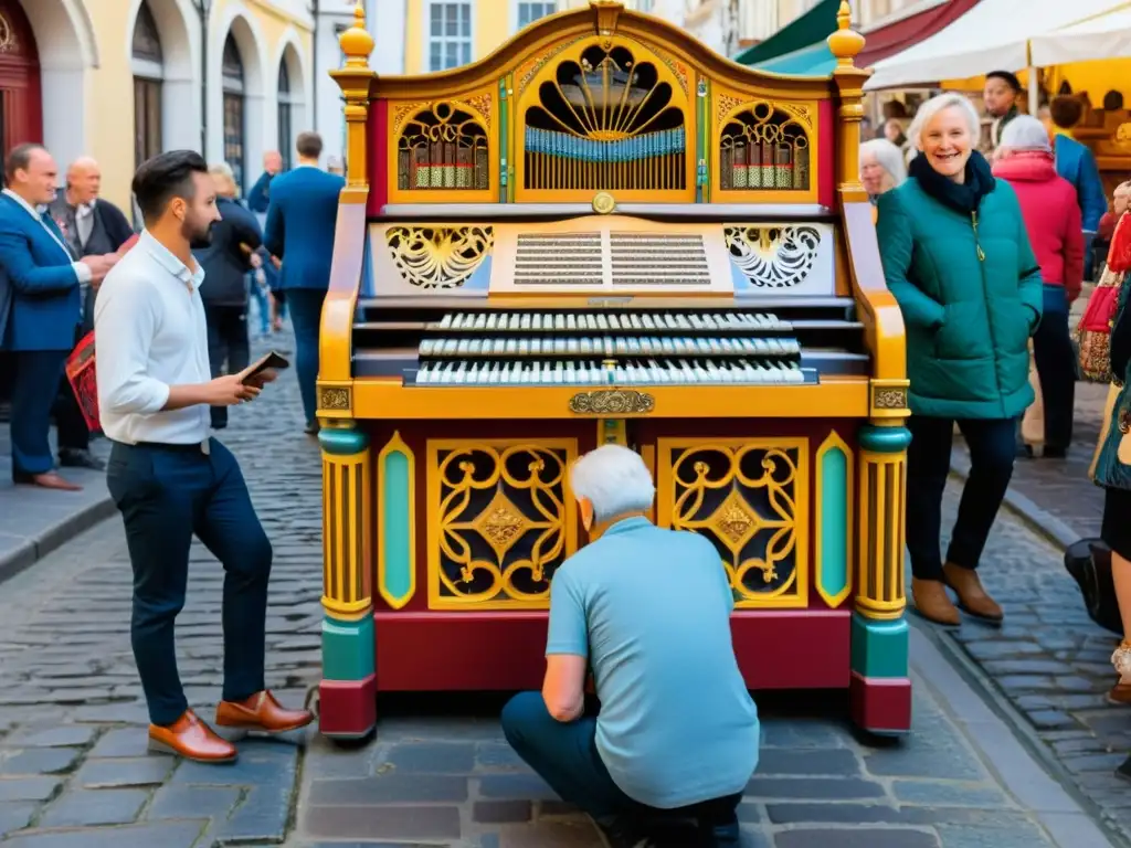 Escena animada en una histórica calle europea, con un órgano de manivela decorado y una multitud variada disfrutando de la música