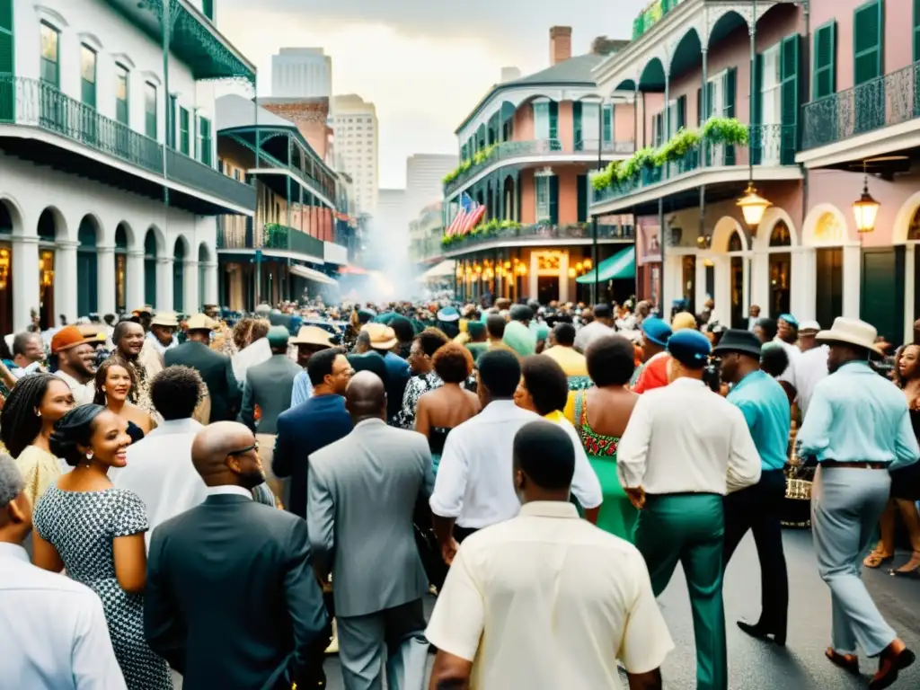 Escena animada del jazz en Nueva Orleans, con músicos en las calles y multitudes disfrutando