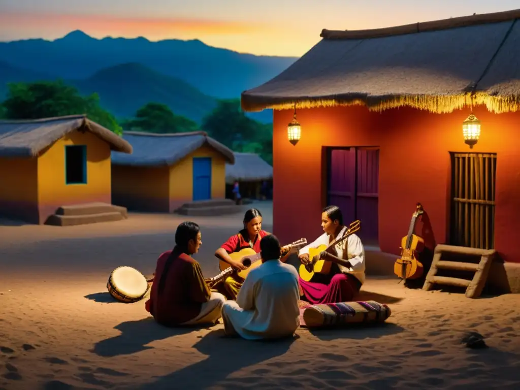 Escena cinematográfica con músicos y instrumentos musicales en una plaza de pueblo latinoamericano al atardecer