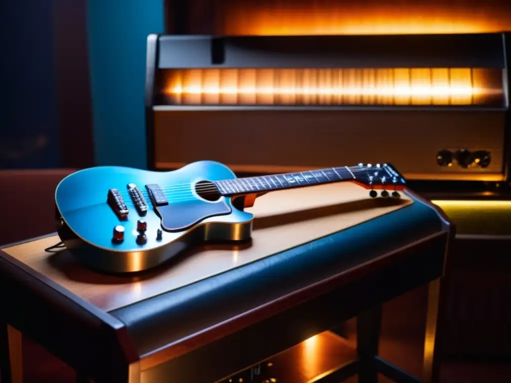 Una escena envolvente en un bar de blues: una guitarra lap steel antigua descansa sobre un amplificador vintage en la penumbra