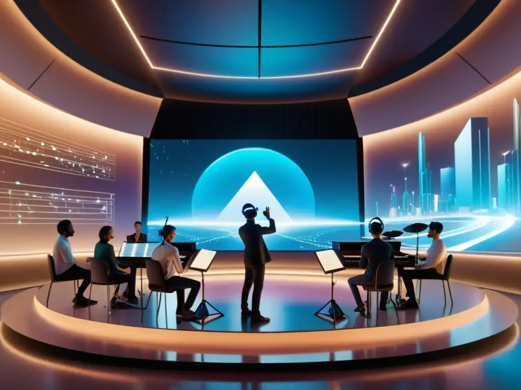 Escena futurista de aula virtual con instrumentos musicales holográficos, avatares de IA y director digital