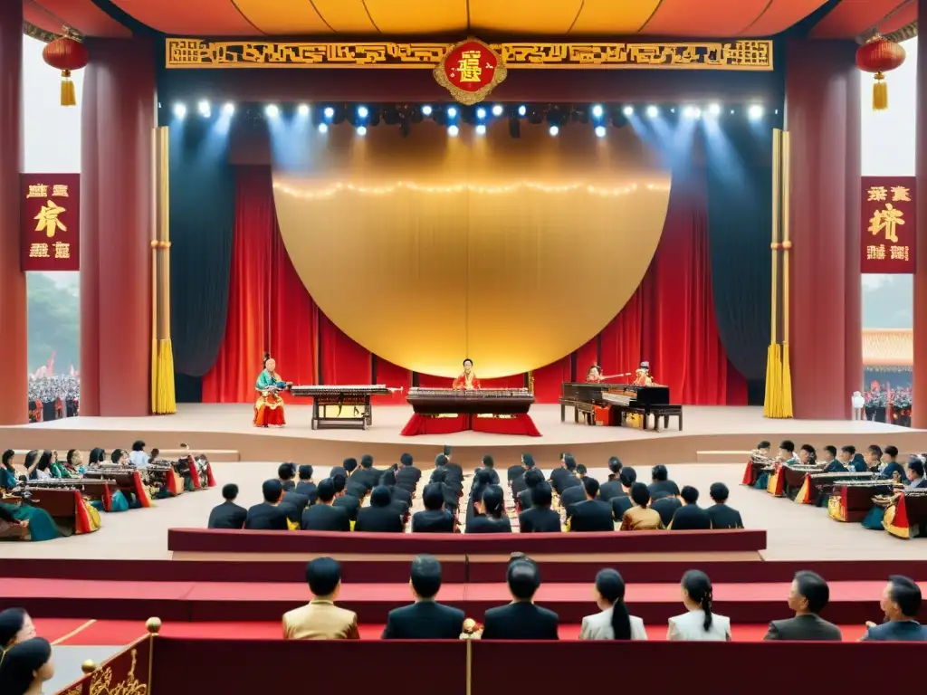 Escena mágica de un festival música tradicional China con músicos, coloridos atuendos y escenario adornado en rojo y dorado al atardecer