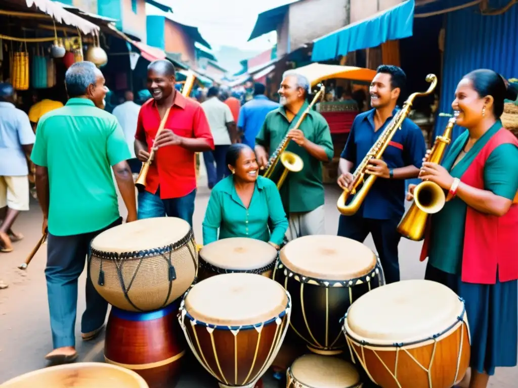 Escena de mercado local bullicioso con comercio de instrumentos musicales locales, vibrante y auténtica