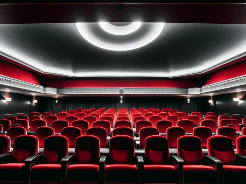 Cine vintage: Misterio y nostalgia en la pantalla Escena en un teatro vintage con filas de asientos de terciopelo rojo vacíos, proyectando una película clásica de ciencia ficción en blanco y negro