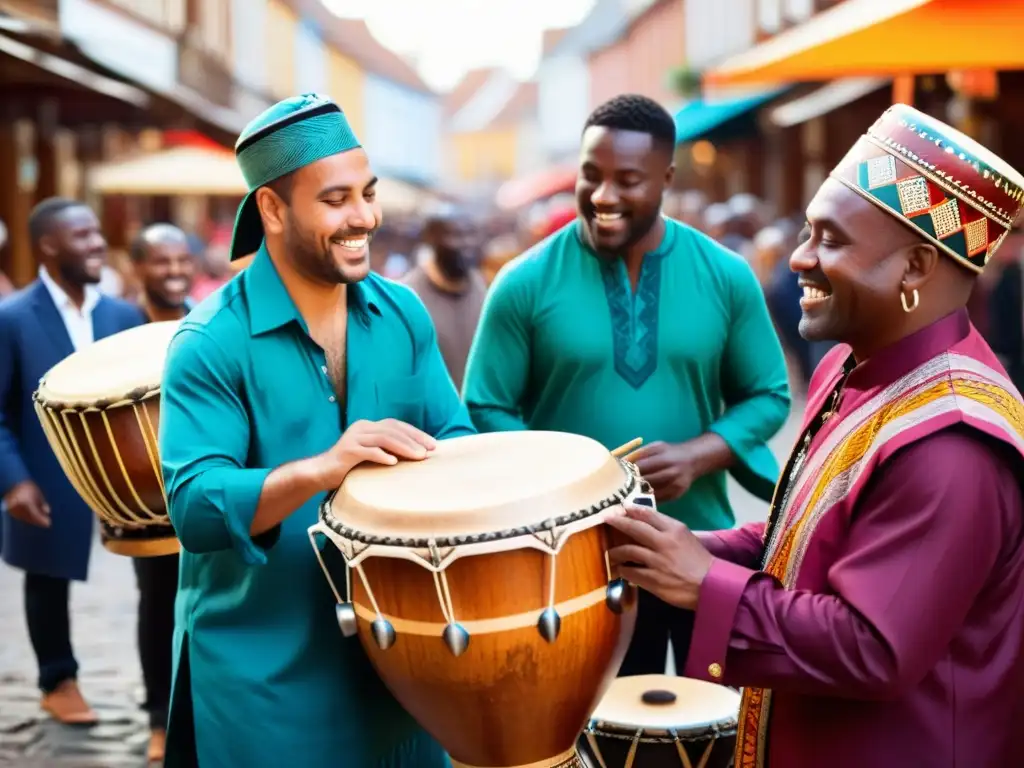 Una escena vibrante de una animada plaza de mercado con un grupo de percusión tradicional, envuelto por una multitud diversa