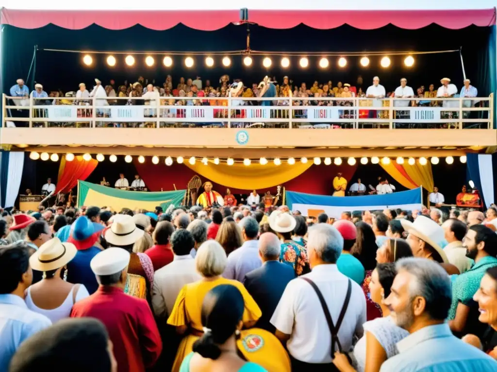 Escena vibrante en el Festival de Música Tradicional de Ortigueira, con música en vivo, trajes coloridos y energía festiva