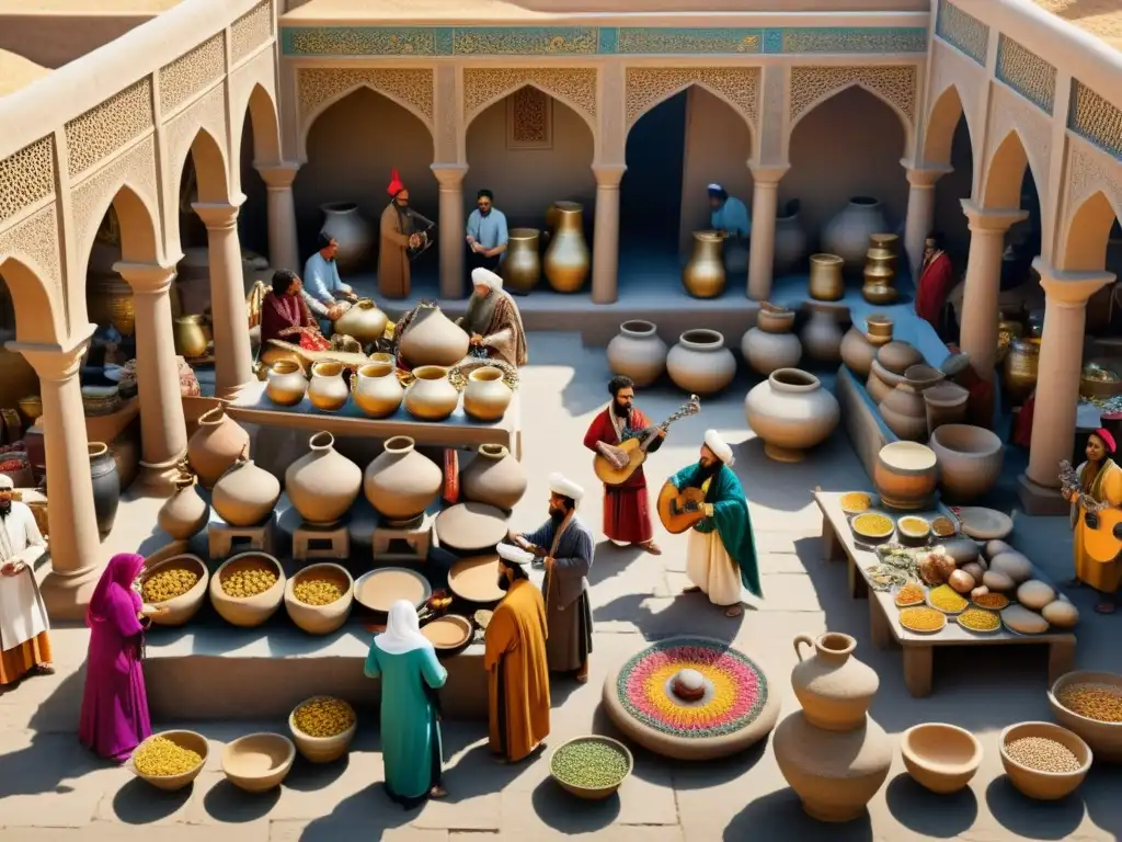 Escena vibrante de mercado en Persia antigua con intercambio de instrumentos musicales culturales, creando armonía y riqueza cultural