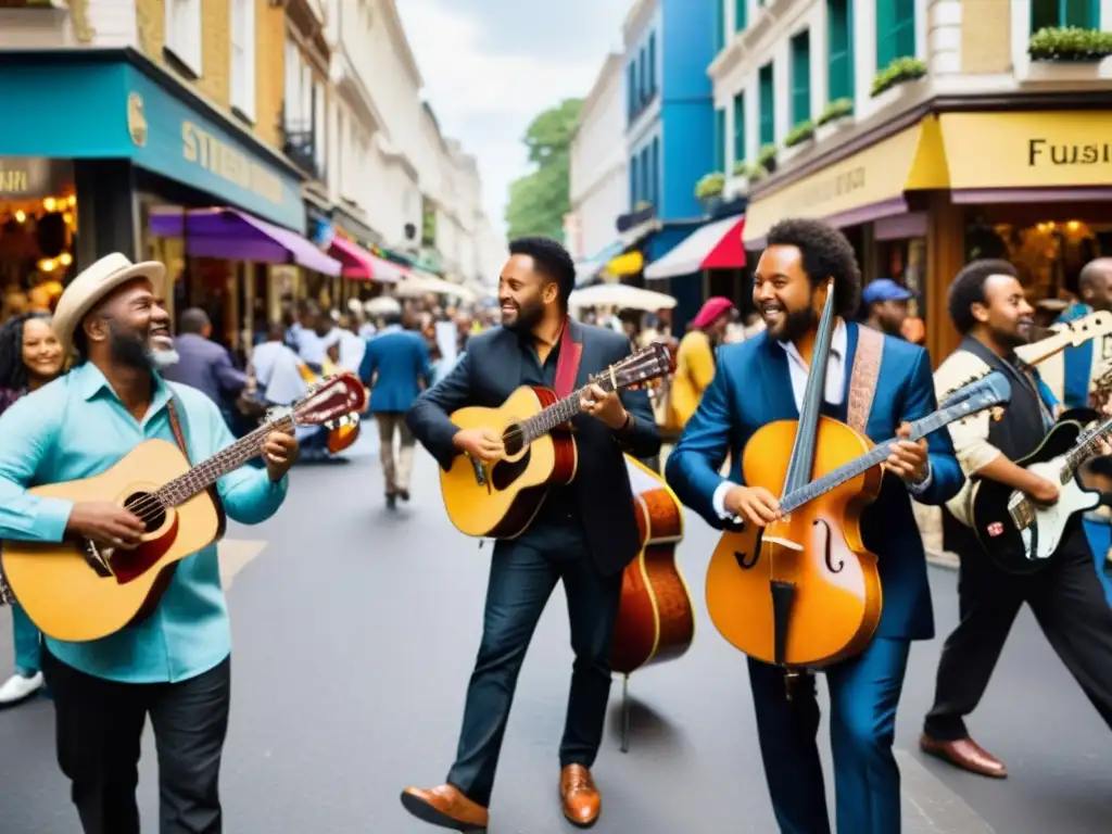 Escena vibrante de músicos callejeros y peatones, reflejando la diversidad y conexión de la música en la sociedad urbana