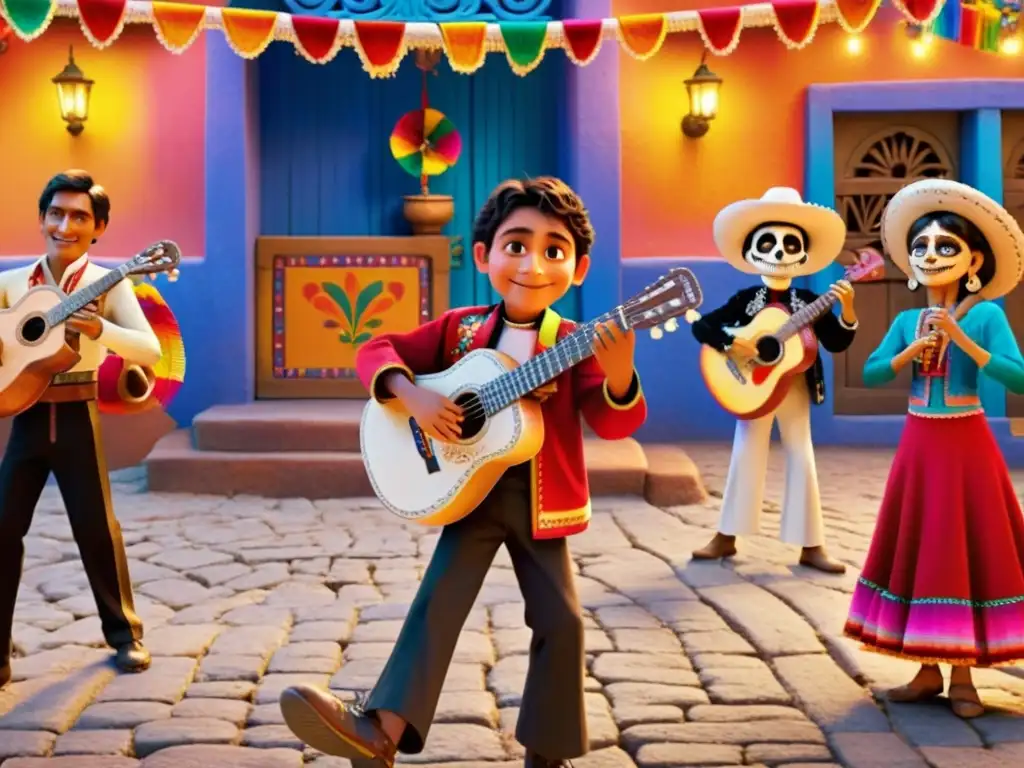 Escena vibrante de la película 'Coco' con músicos y personas bailando en una plaza mexicana