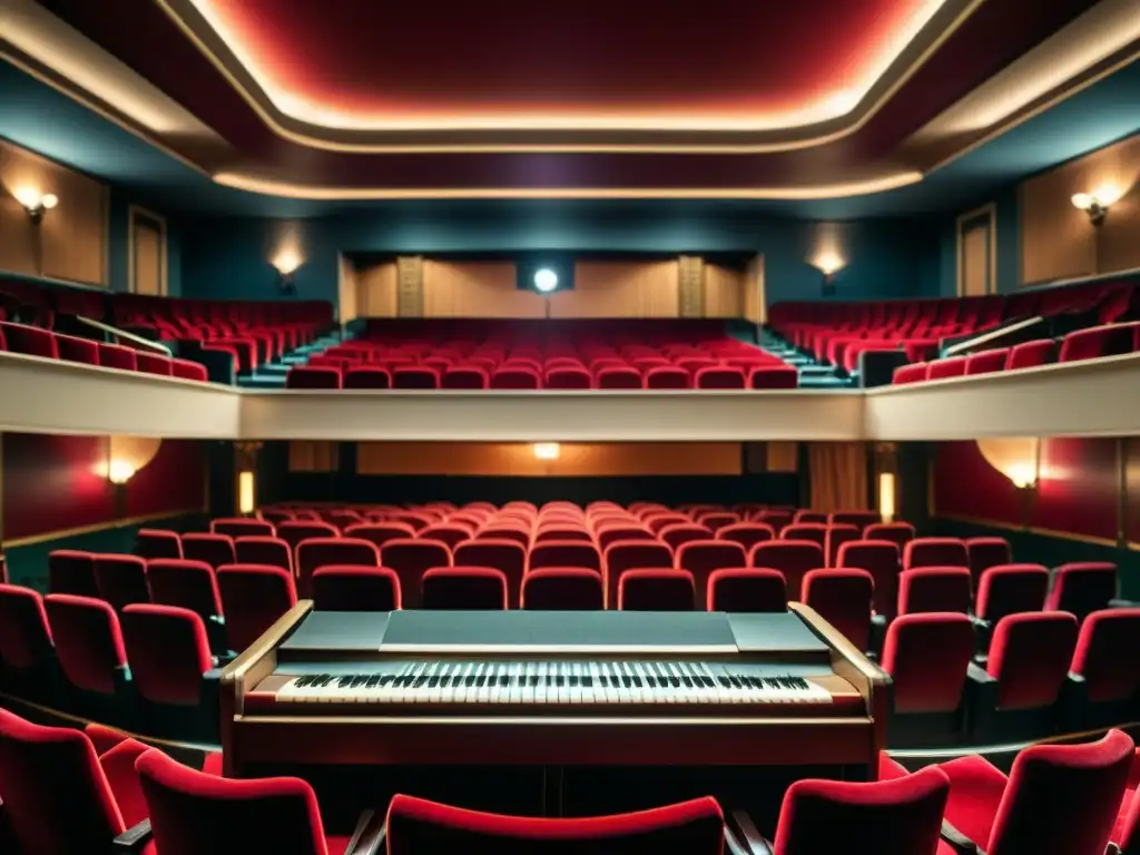 Escenario de cine vintage con filas de asientos de terciopelo rojo y un piano de cola en el escenario, iluminado por la suave luz de la pantalla