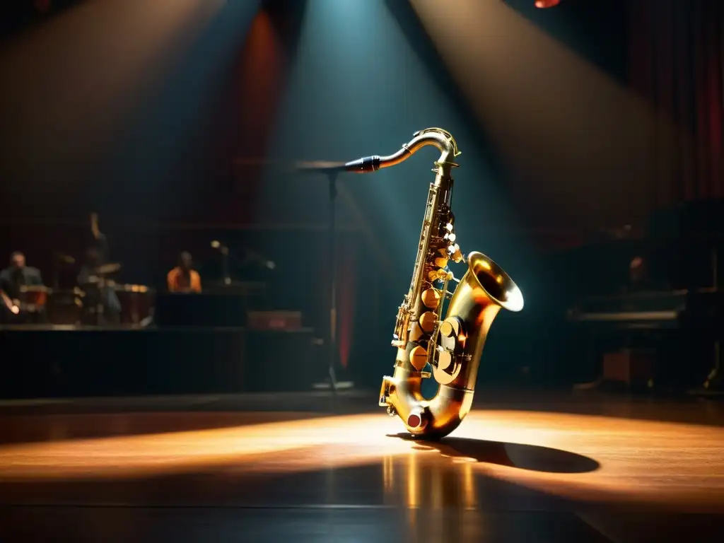 El escenario de un club de jazz iluminado con detalles del saxofón