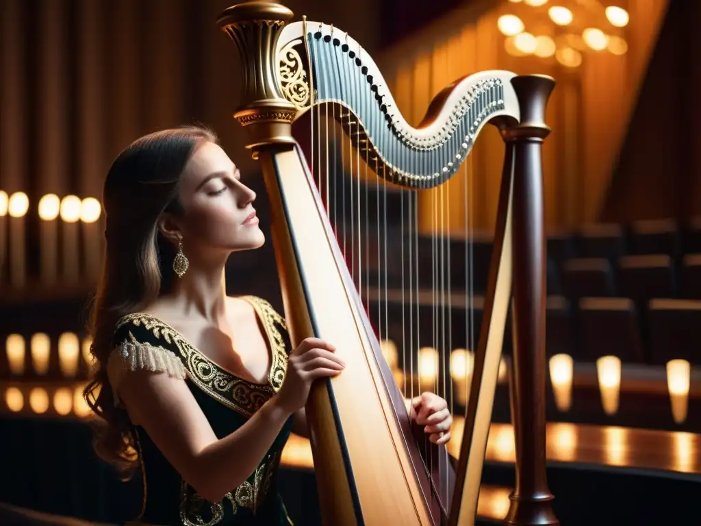 Un escenario de concierto con un arpa majestuosa iluminada suavemente, evocando la magia del cine fantástico arpa instrumento musical