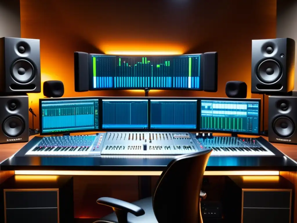 Escenario de estudio de grabación profesional con DAW, mezcladoras, micrófonos y paneles insonorizantes