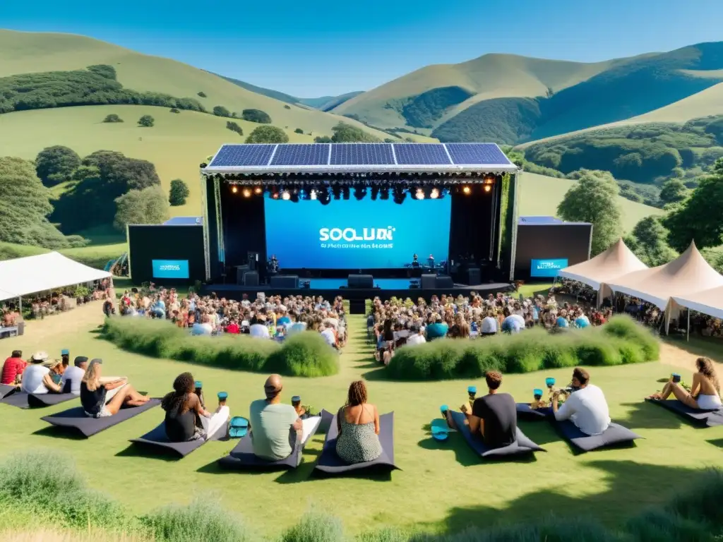 Escenario de festival musical en entorno natural con público comprometido con Eventos Musicales Neutrales en Carbono