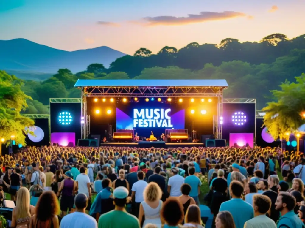 Escenario de festival musical rodeado de naturaleza exuberante y elementos sostenibles