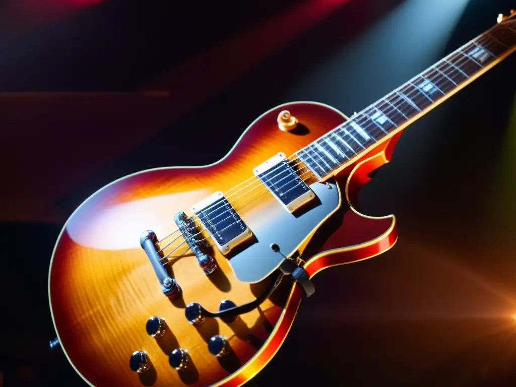 Una Gibson Les Paul vintage siendo tocada en el escenario, con luces dramáticas y un sonido eléctrico guitarra Gibson Les Paul evocador