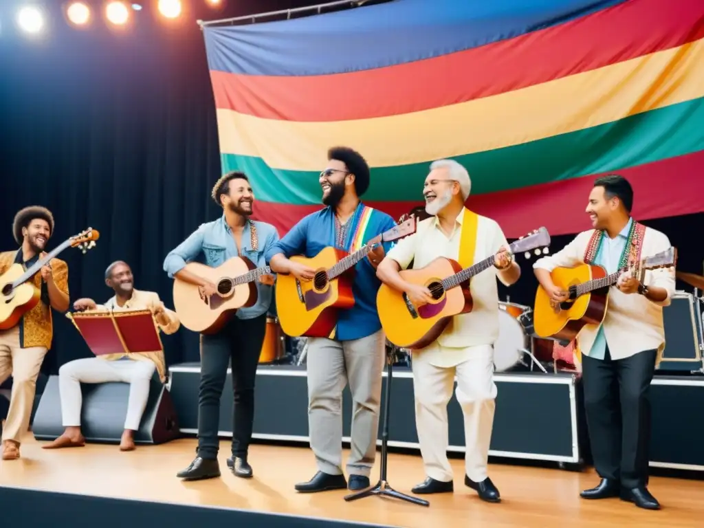 Un escenario vibrante con músicos de diferentes culturas tocando juntos, un público diverso disfrutando la música y la danza