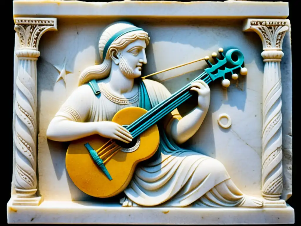 Escultura de mármol griego antiguo de un músico tocando la lira, reflejando la influencia de la lira en la música griega antigua