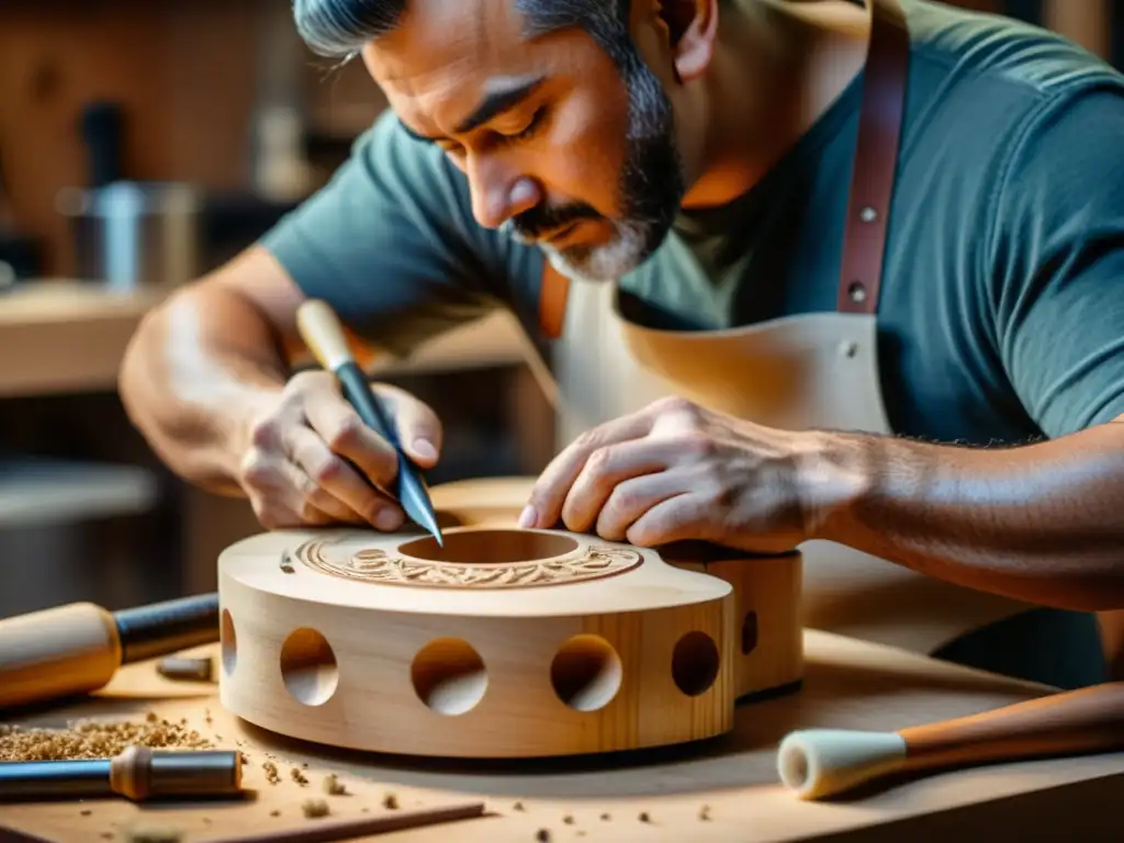 Un luthier talla con esmero un cuerpo de guitarra rodeado de herramientas y virutas de madera