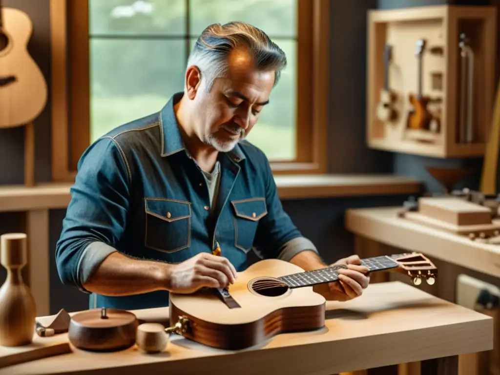 Un luthier talla con esmero una guitarra acústica sostenible, rodeado de herramientas de carpintería