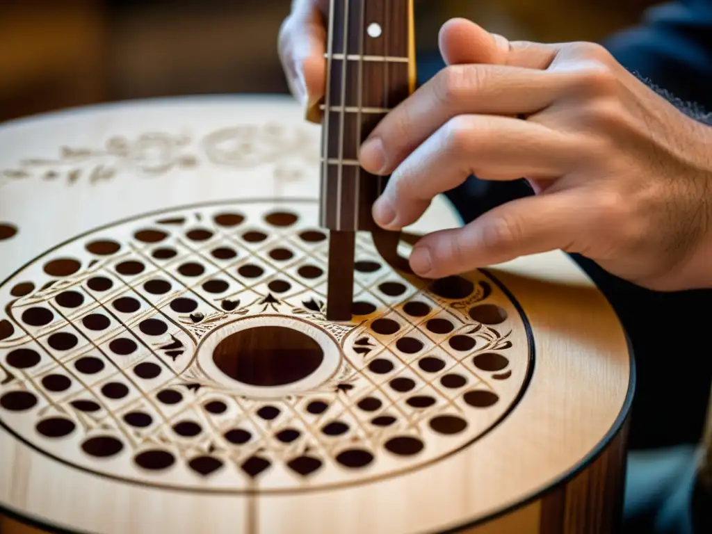 Un luthier talla con esmero un hermoso y detallado orificio en una guitarra de madera sostenible, destacando la artesanía eco-friendly