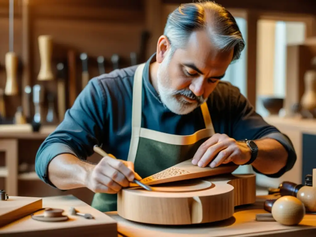 Un luthier talla con esmero un instrumento musical de materiales alternativos, mostrando dedicación a la fabricación sostenible