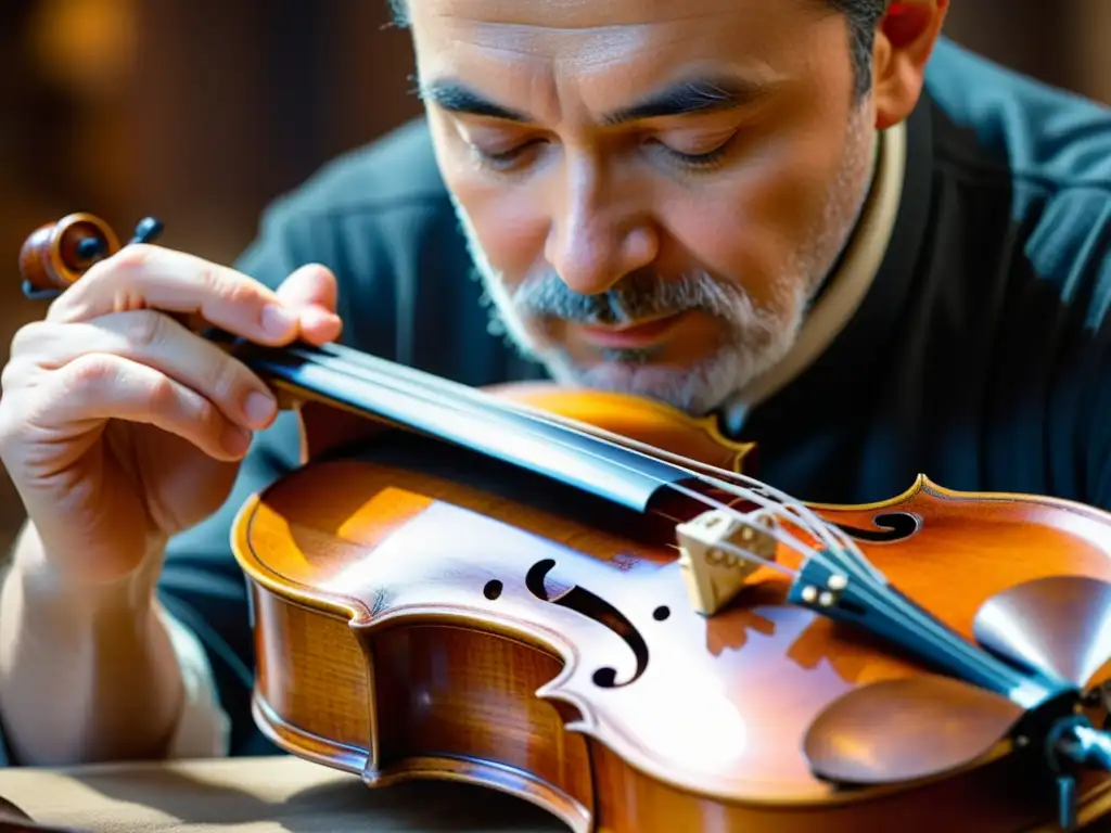 Un luthier restaura con esmero un violín antiguo, resaltando la artesanía y la atmósfera cálida de la escena