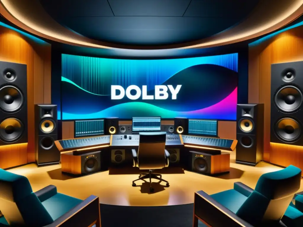 Dolby Atmos música grabación espacial en estudio de sonido con tecnología revolucionaria y atmósfera intensa