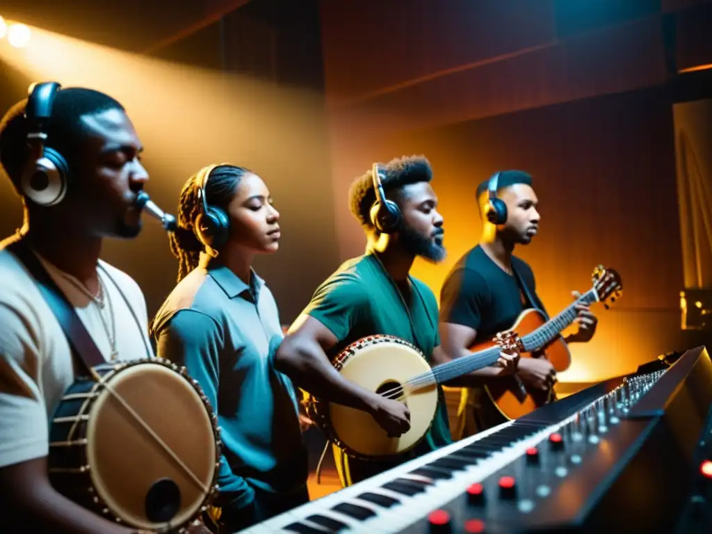 Grabación espacial en música etnográfica: Músicos de diversas culturas tocan instrumentos tradicionales en un estudio íntimo y atmosférico