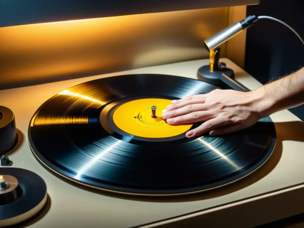 Restauración experta de vinilos: Preservando la música Un especialista en preservación de grabaciones musicales eternas limpia con cuidado un vinilo vintage en una habitación con luz tenue