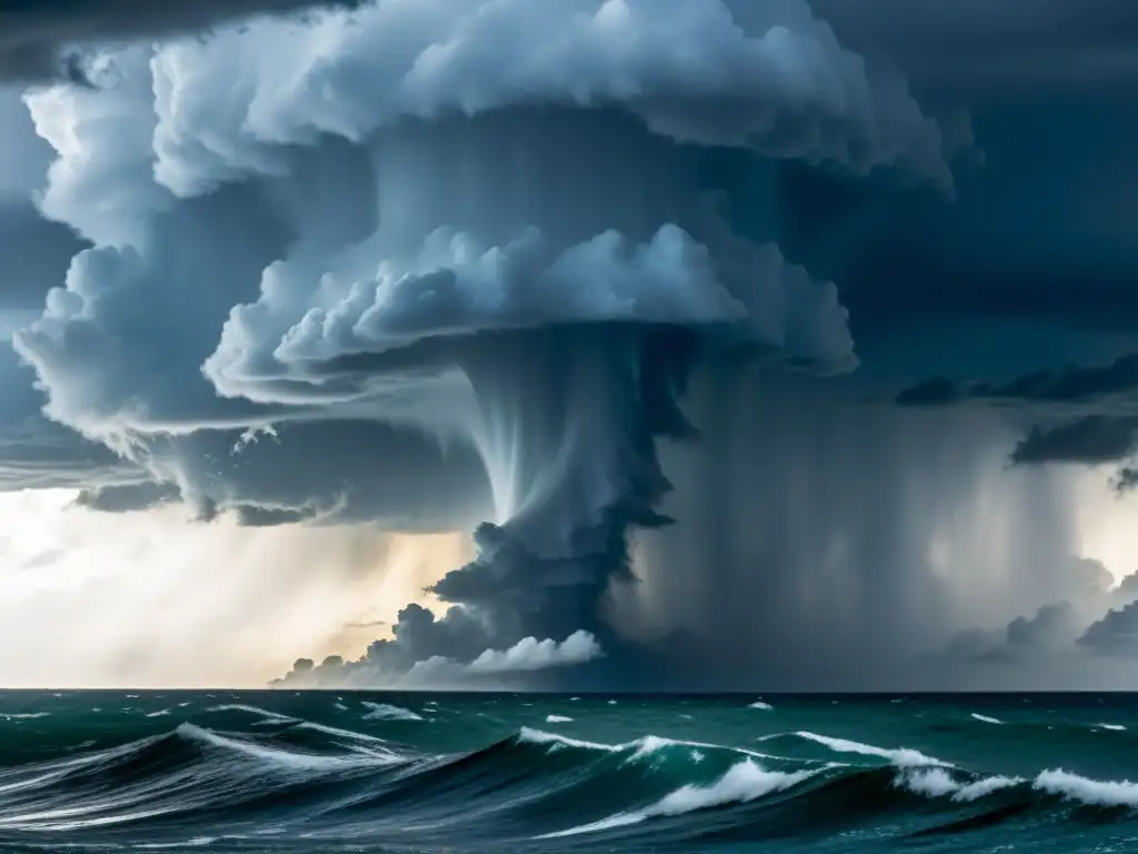 Espectacular formación de tromba marina en el océano, con nubes tormentosas