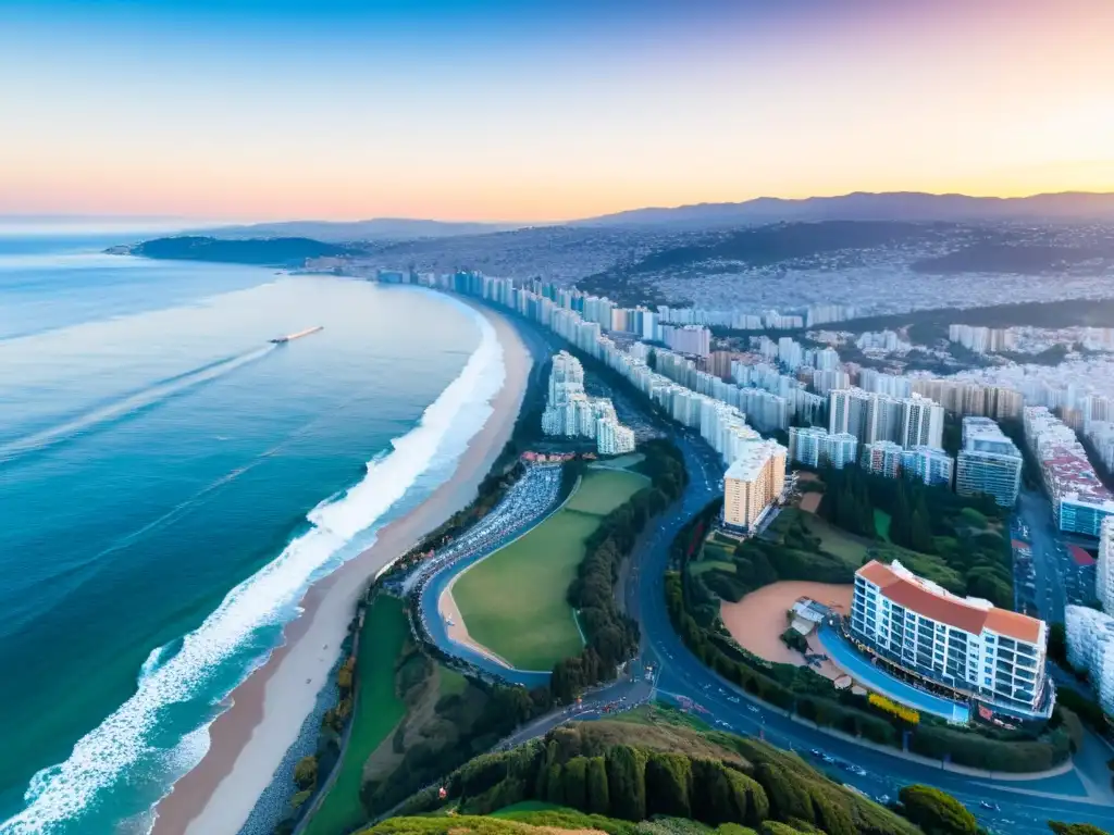 Espectacular vista aérea de Viña del Mar al atardecer, con el anfiteatro Quinta Vergara y la ciudad