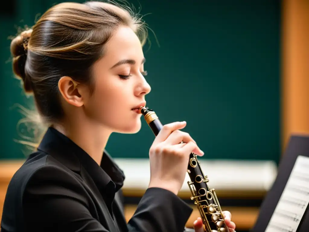 Un estudiante apasionado toca el oboe en un aula musical iluminada, destacando los desafíos y ventajas del oboe en educación musical